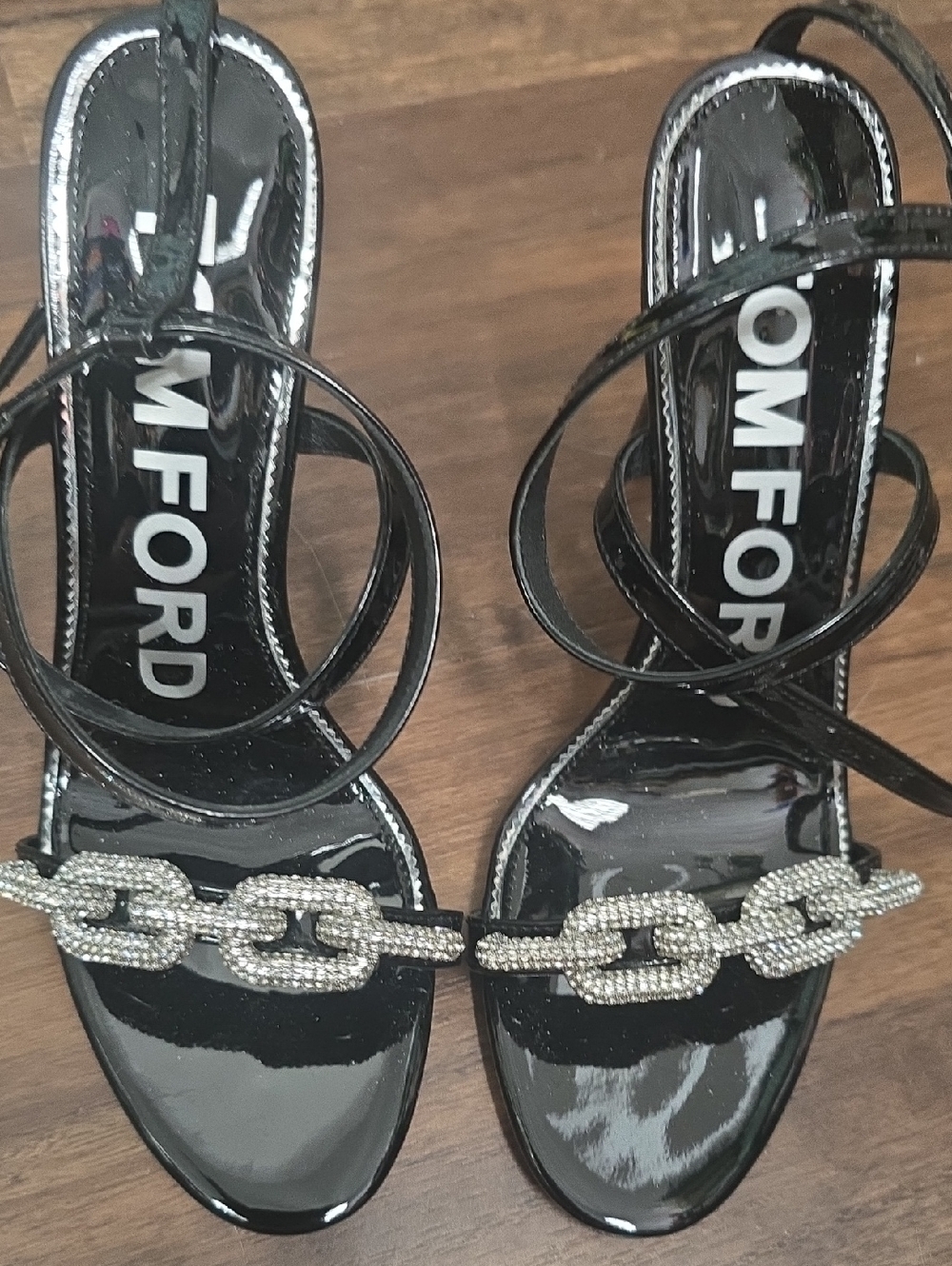 Tom Ford Black Patent Strappy Sandals with Crystal Chain Size 38